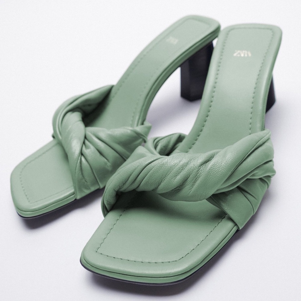 Zara New Knotted Heeled Leather Sandals 7.5 / 38 Seafoam Green NWT